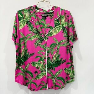 Room Service Pajama Top Size Large Pink Green Palm Print Tropical Short Sleeve